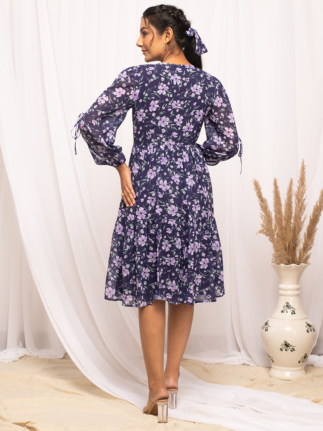 FIORRA Women's Blue Georgette Floral Printed  Dress